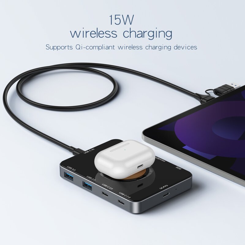 Type-C Hub Factory - OEM 10 in 1 Dock Station with 15W Wireless Charger USB3.0 PD Adapter