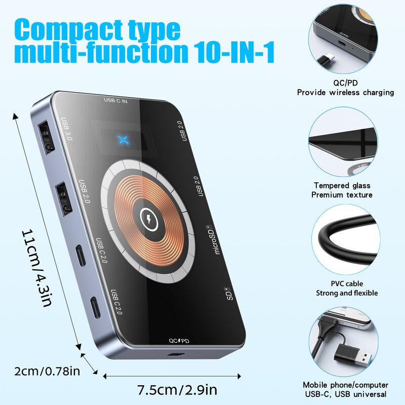 Type-C Hub Factory - OEM 10 in 1 Dock Station with 15W Wireless Charger USB3.0 PD Adapter