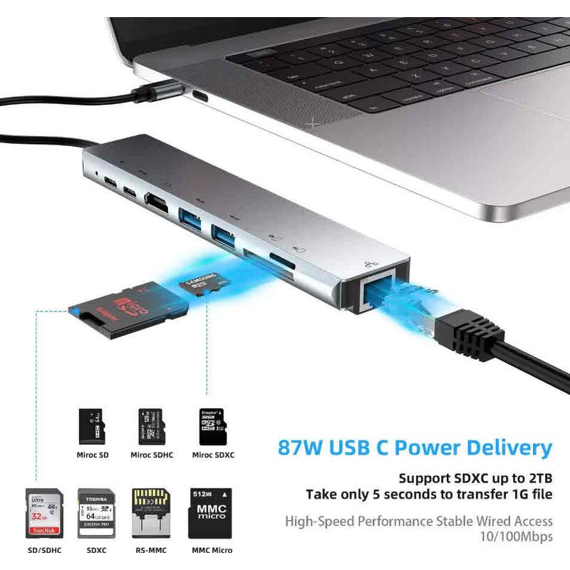 USB Type C Hub Manufacturer - OEM 8 in 1 Multi Function Adapter for MacBook Pro Windows Laptops