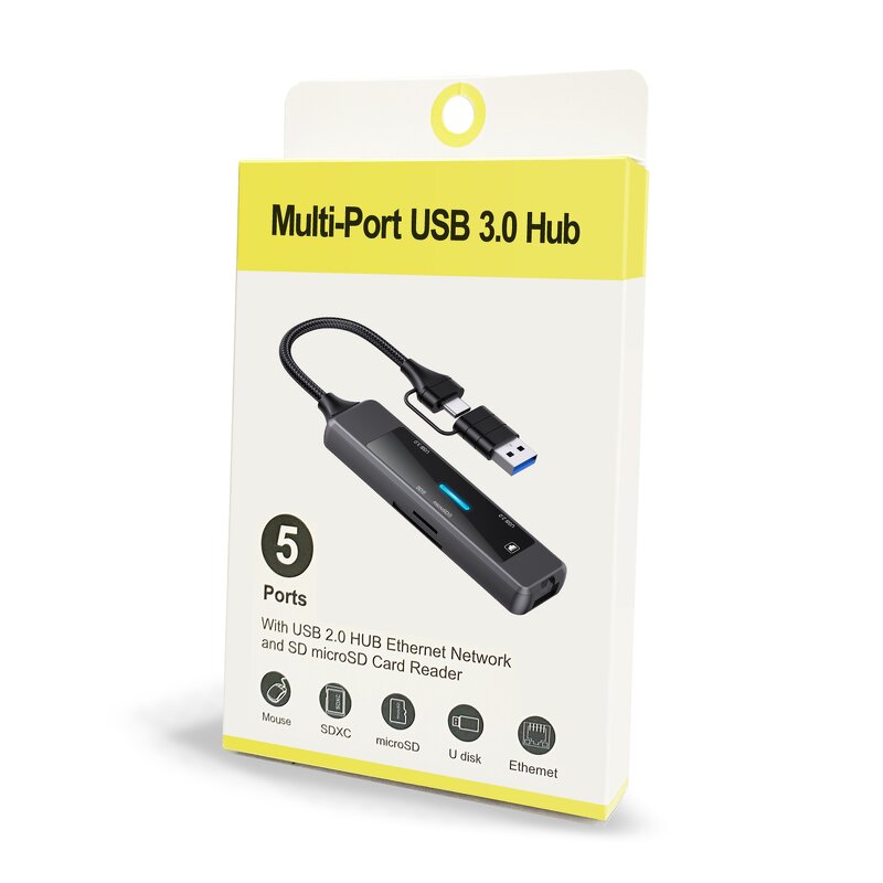 USB C Hub Supplier - OEM 5 in 1 Docking Station With RJ45 100M USB-C 3.0 2.0 SD TF Port