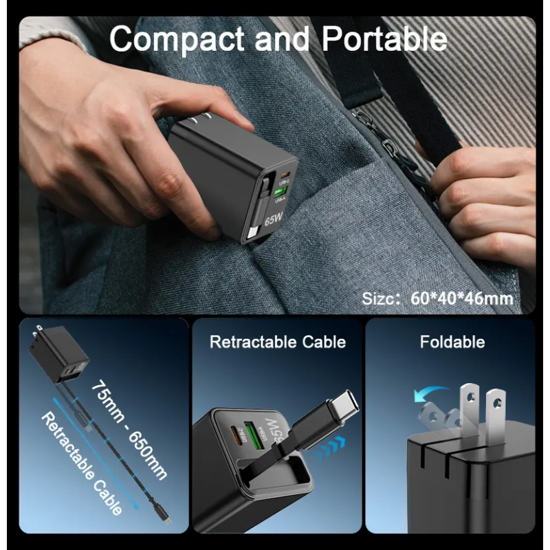 Wall Charger Supplier - OEM CE Certified 65W Fast 3-Port USB with Retractable Type C Cable