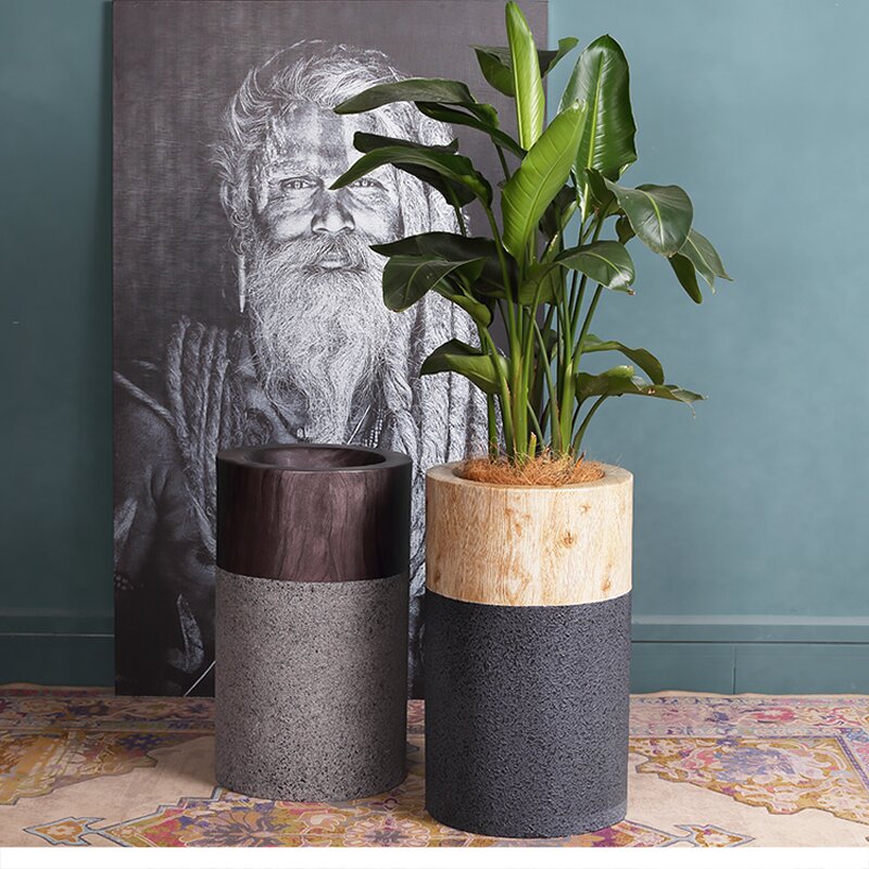Cylinder Fiberglass Planter Manufacturer - OEM Northern Europe Design Decorative Pot Stand Interior Wood Grain