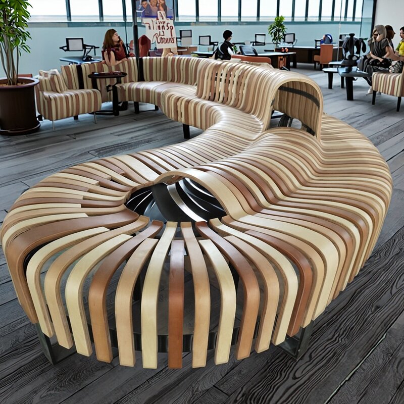 Curved Wood Bench Manufacturer - OEM Modern Colorful for Comfortable Waiting Resting Public Spaces