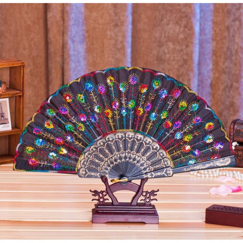 Chinese Dance Folding Fan Supplier - Party Favor Elegant Embroidered Flower