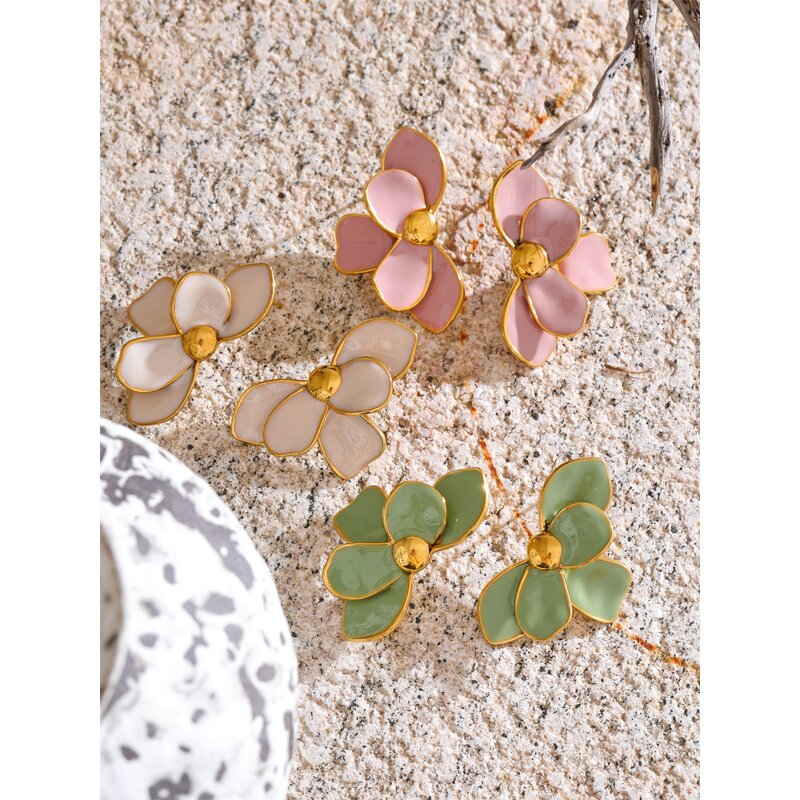 Enamel Flower Earrings Supplier - JINYOU 4061 Exclusive Stainless Steel Green