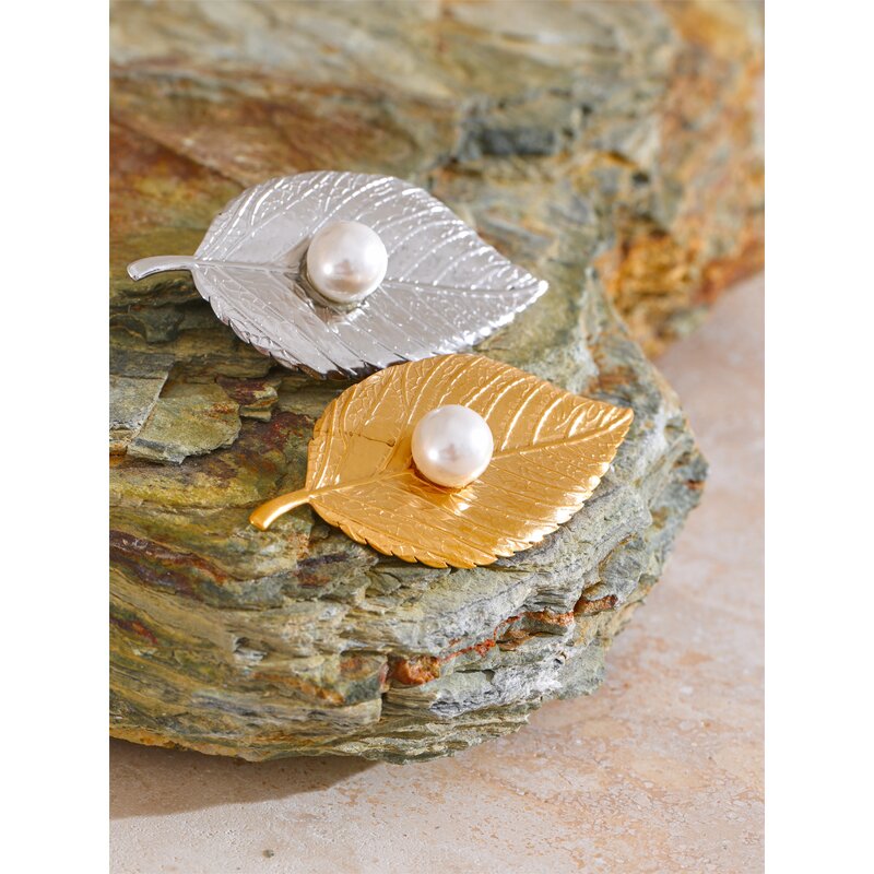Leaf Shape Brooch Supplier - JINYOU 4525 Fashion Metal Simulated Pearl PVD