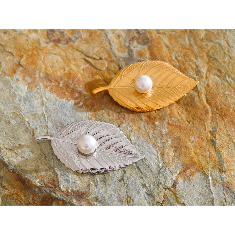 Leaf Shape Brooch Supplier - JINYOU 4525 Fashion Metal Simulated Pearl PVD