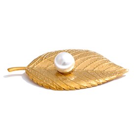 Leaf Shape Brooch Supplier - JINYOU 4525 Fashion Metal Simulated Pearl PVD