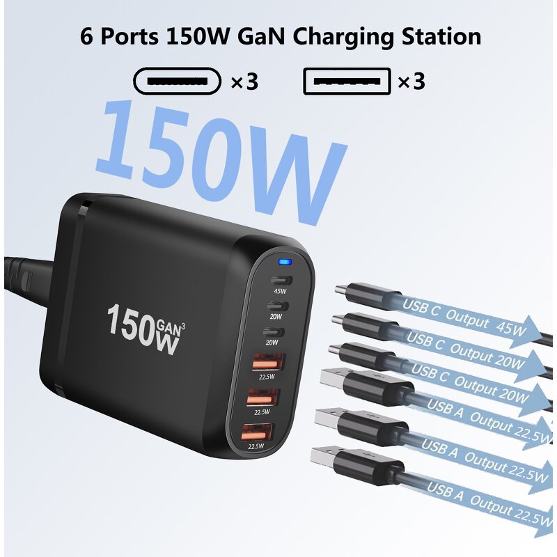 150W GaN Fast Charger Supplier - 3 Type C 3USB-A PD for iPhone