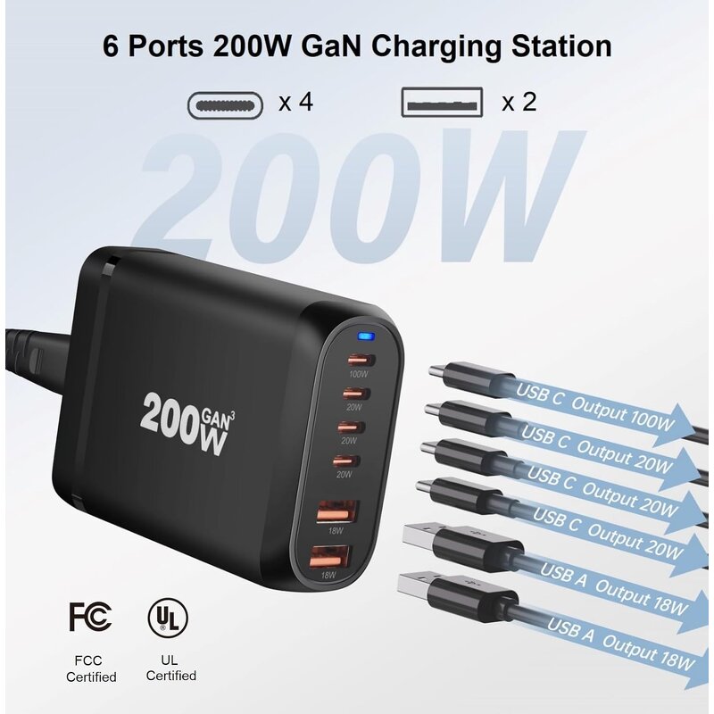 GaN Desktop Charger Manufacturer - OEM/ODM 200W 4 Type C 2USB-A