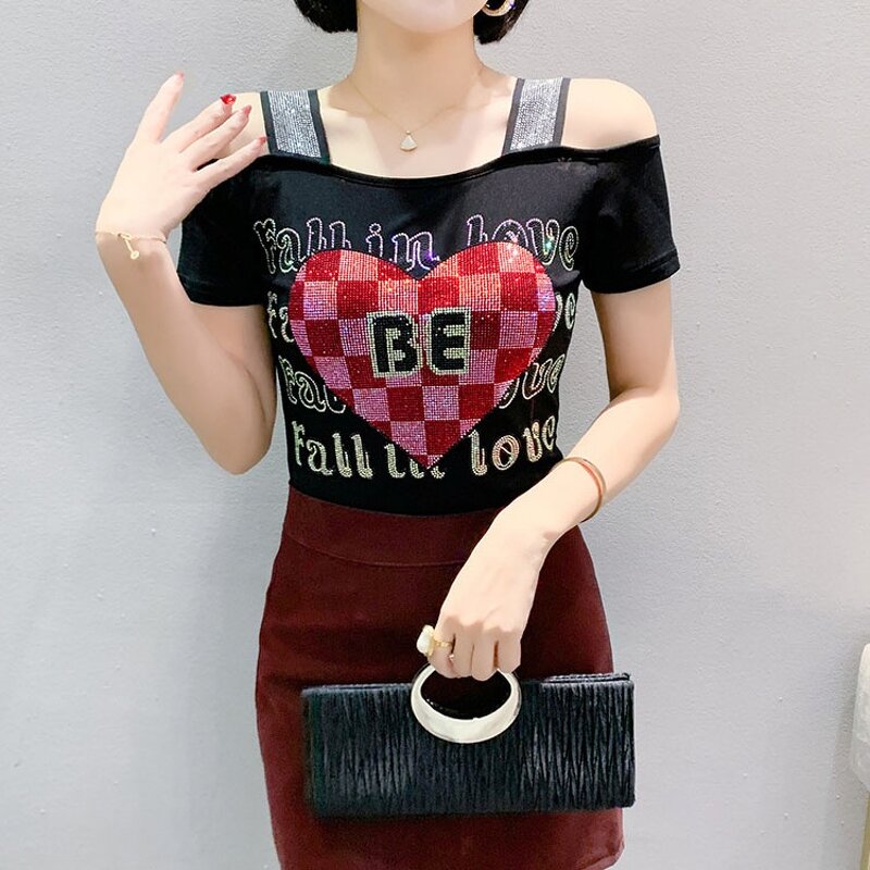 Off Shoulder T-shirt Manufacturer - Custom Hot Press Heart & Rhinestone