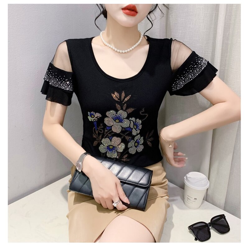 Rhinestone T-shirt Factory - OEM Custom Floral & Glitter Design