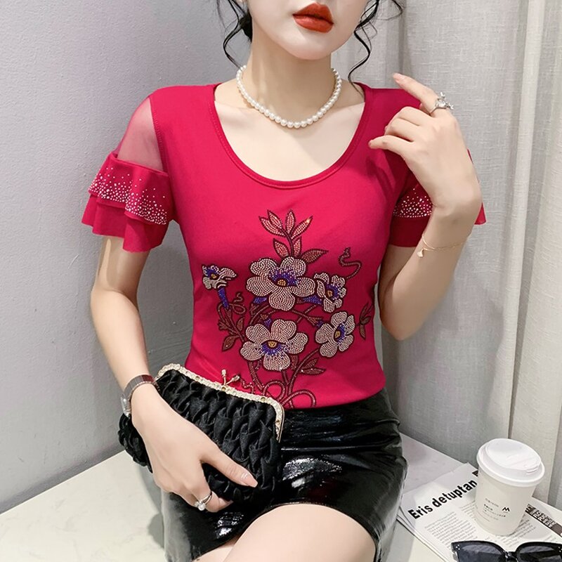 Rhinestone T-shirt Factory - OEM Custom Floral & Glitter Design