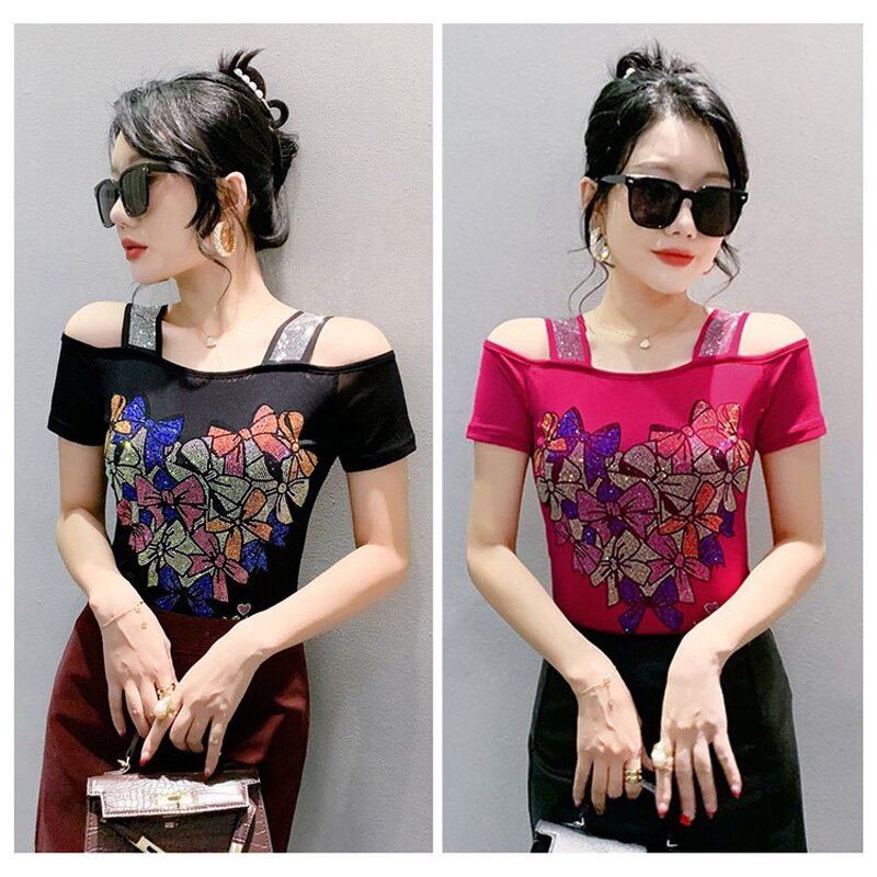 Off Shoulder T-shirt Factory - Custom Hot Press Pattern & Rhinestone