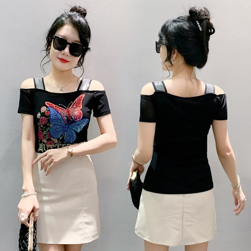 Off Shoulder T-shirt Factory - Bulk Custom Hot Press Pattern & Mesh Sleeve