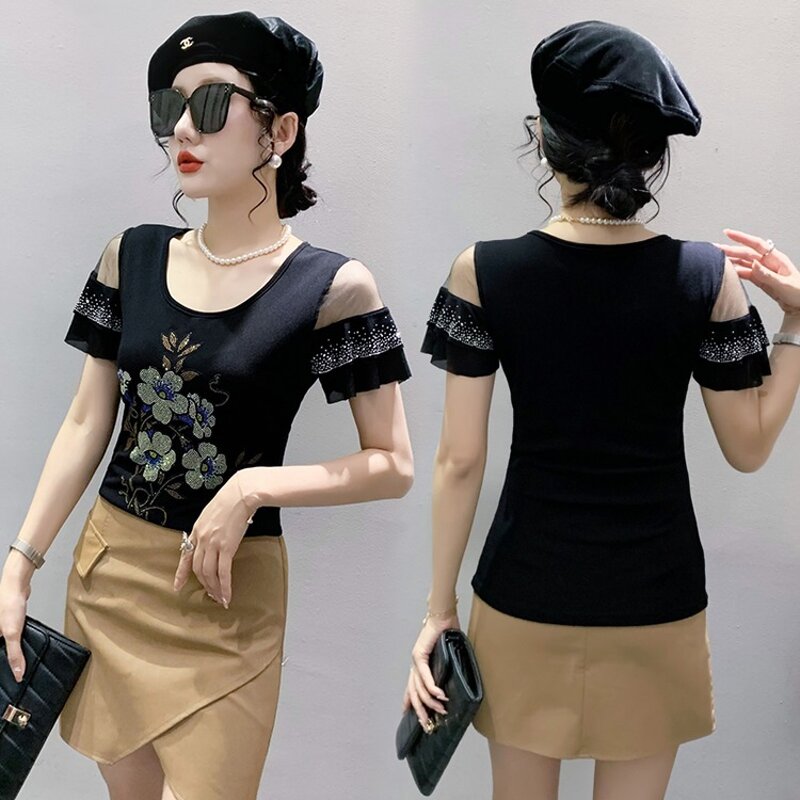 Rhinestone T-shirt Factory - OEM Custom Floral & Glitter Design