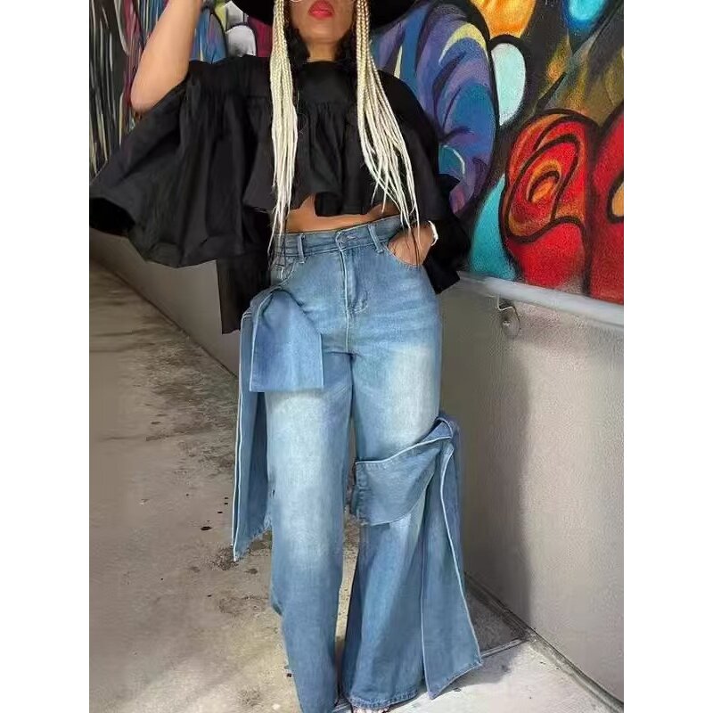 Women Jeans Supplier - OEM Denim Double Waist Pearl Wide Leg