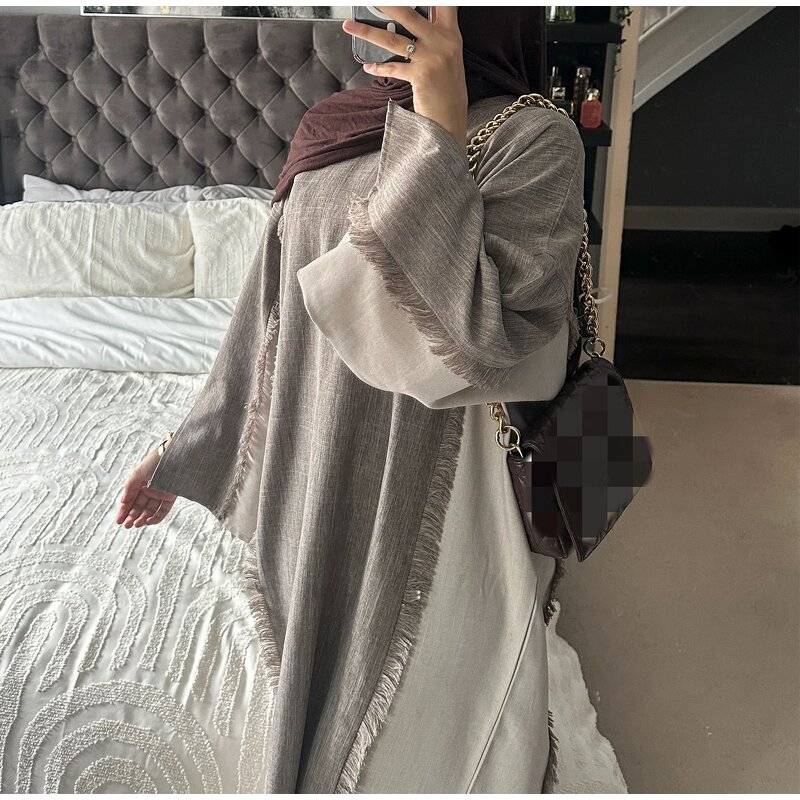 Islamic Dress Factory - OEM Eid Cardigan Coat Linen Abaya Set
