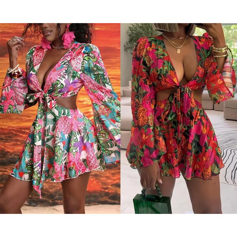 Mini Dress Supplier - OEM Long Flare Sleeve Cut Out Backless Dress