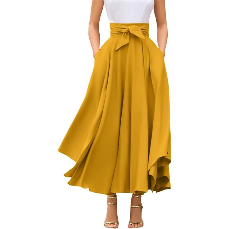 Long Skirt Factory - OEM Solid Color Bow Belt Big Hem Dress