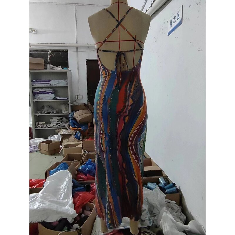 Midi Dress Supplier - OEM Abstract Print Spaghetti Strap Dress