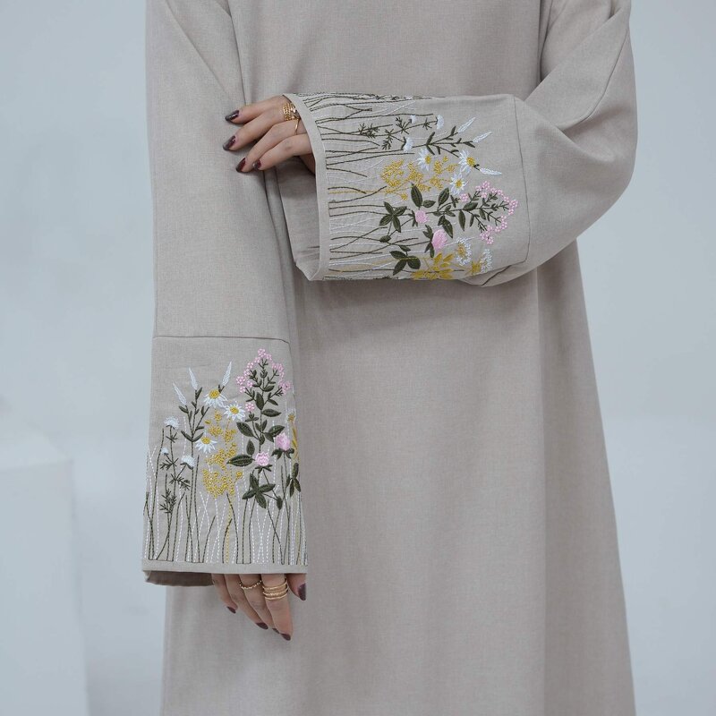 Abaya Dress Factory - OEM Dubai Flower Embroidery Linen Abaya