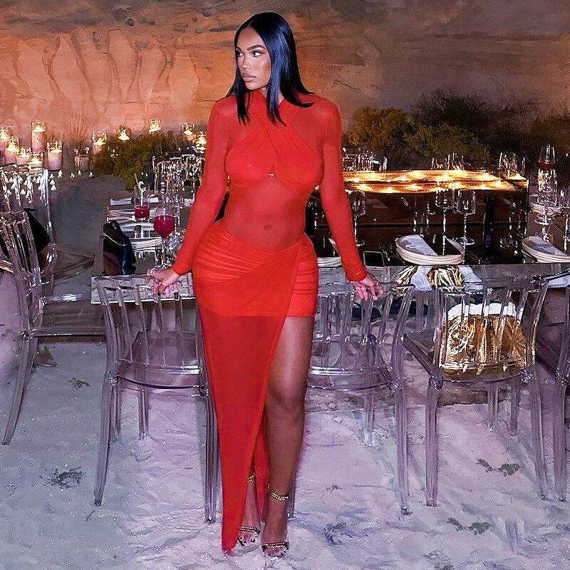 Hip Dress Factory - OEM Mesh Cross Long Sleeve Slit Dress