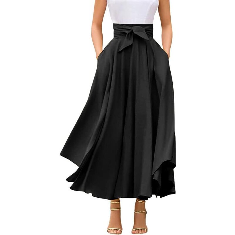 Long Skirt Factory - OEM Solid Color Bow Belt Big Hem Dress