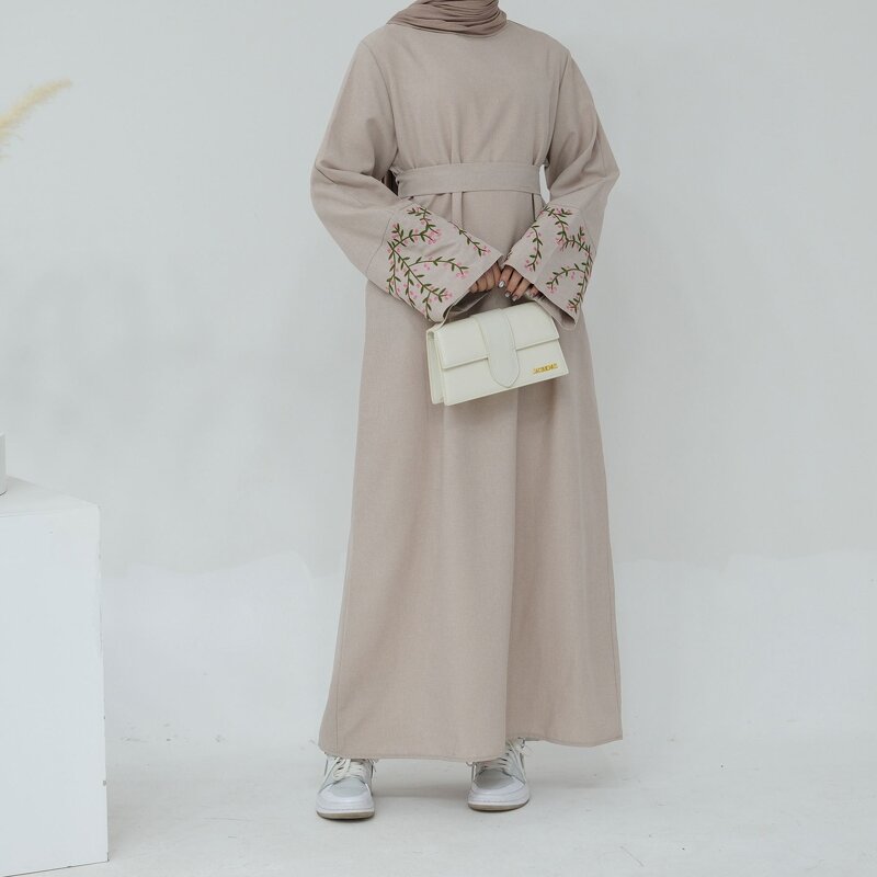 Abaya Dress Factory - OEM Dubai Flower Embroidery Linen Abaya