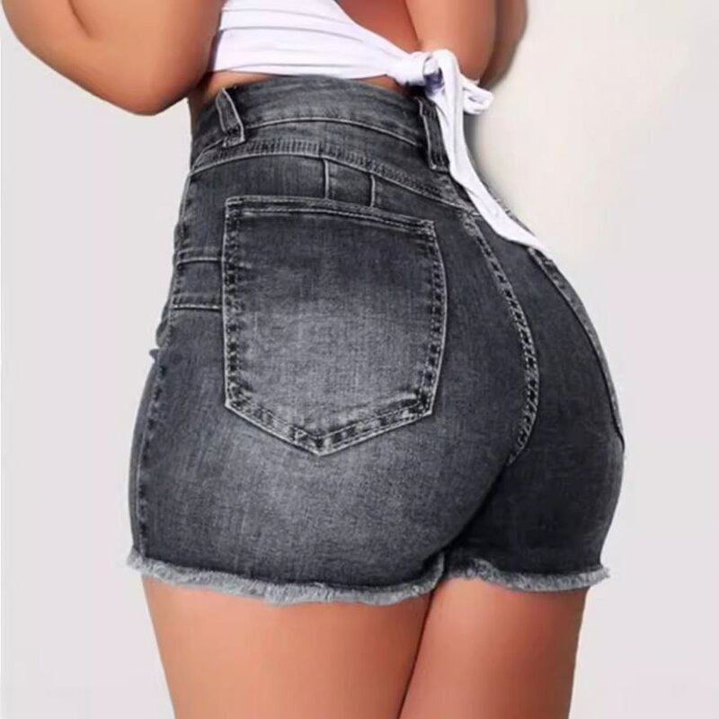 Denim Shorts Factory - OEM Stretch Slim Hole Fringe Shorts