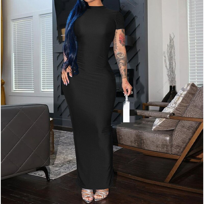 Slit Dress Factory - OEM Summer Solid Color Short Sleeve Dress