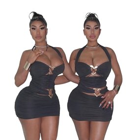 Tight Dress Supplier - OEM Spring Heart Metal Button Hollow Dress