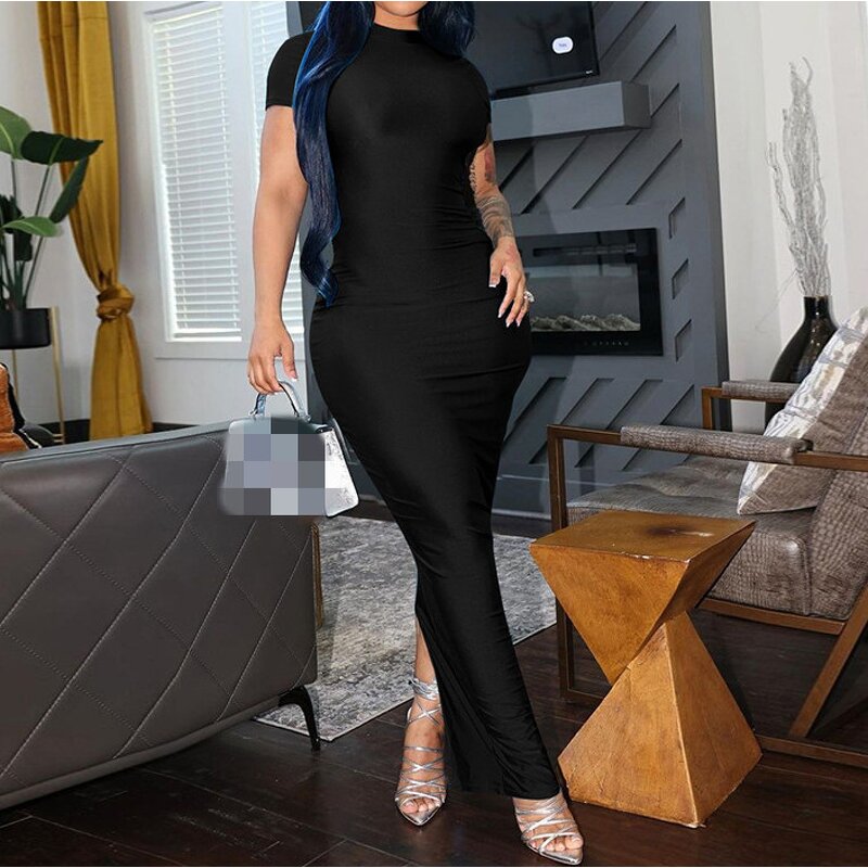 Slit Dress Factory - OEM Summer Solid Color Short Sleeve Dress