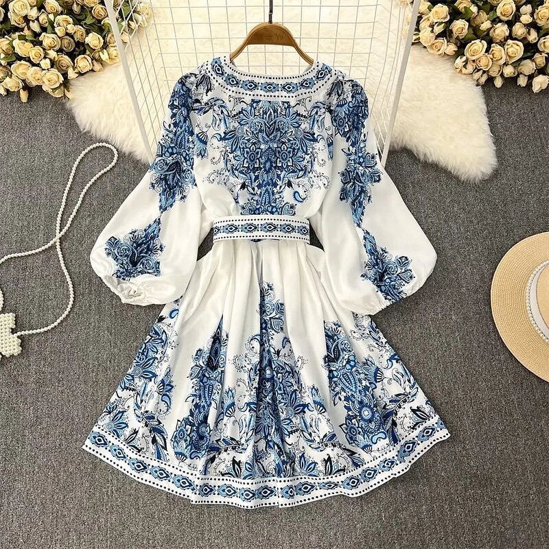 Short Dress Manufacturer - OEM Spring Lantern Sleeve Print Skirt