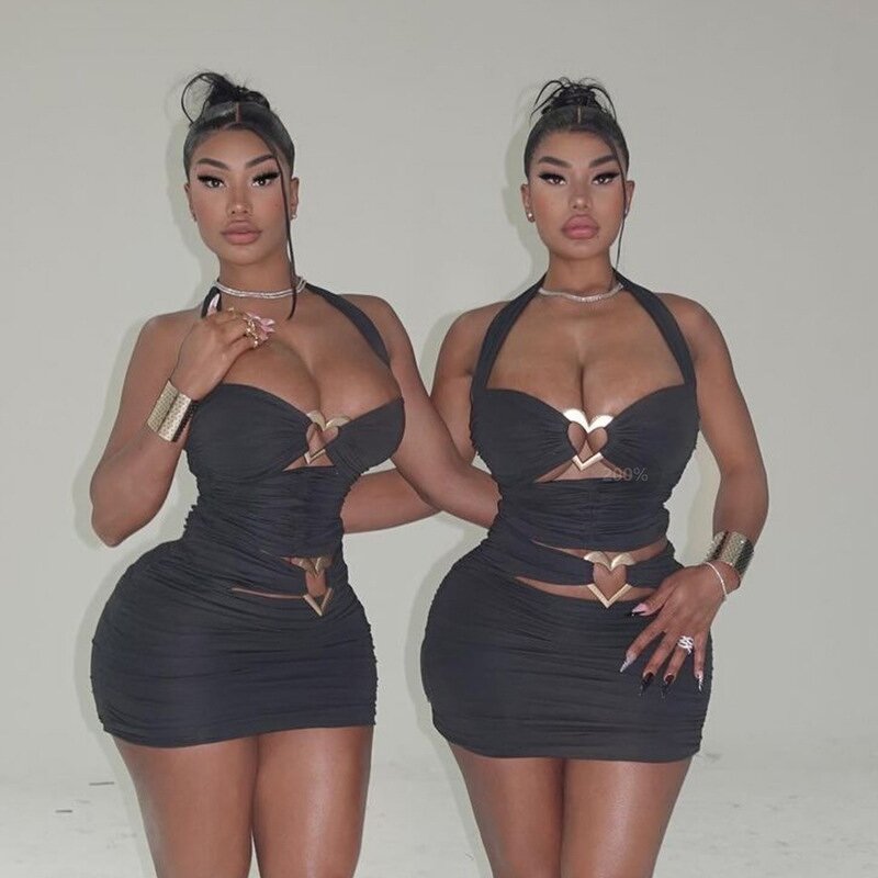 Tight Dress Supplier - OEM Spring Heart Metal Button Hollow Dress