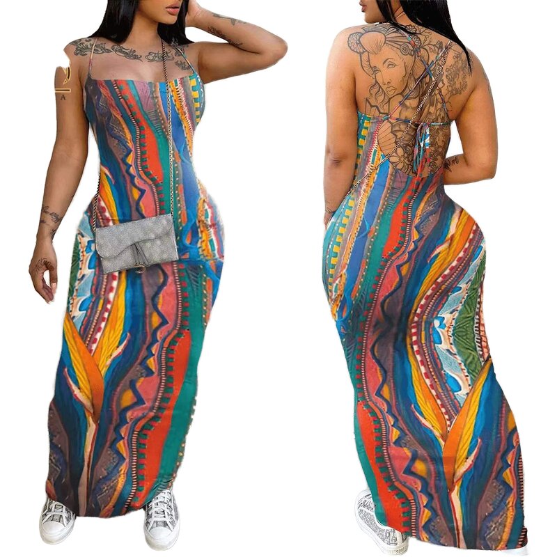 Midi Dress Supplier - OEM Abstract Print Spaghetti Strap Dress