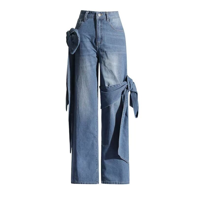 Women Jeans Supplier - OEM Denim Double Waist Pearl Wide Leg
