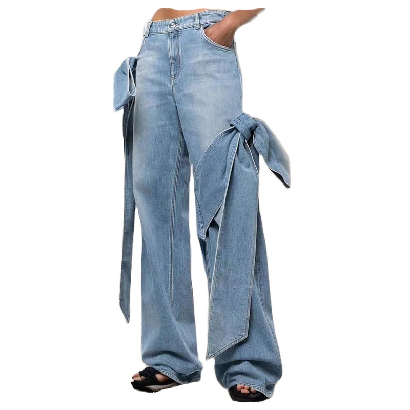 Women Jeans Supplier - OEM Denim Double Waist Pearl Wide Leg