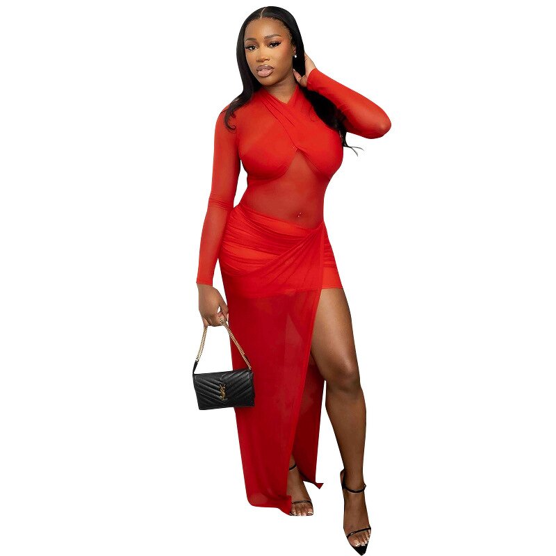 Hip Dress Factory - OEM Mesh Cross Long Sleeve Slit Dress
