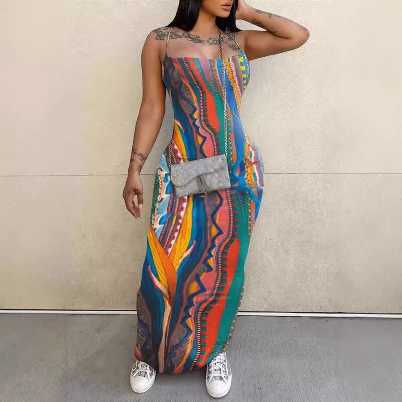Midi Dress Supplier - OEM Abstract Print Spaghetti Strap Dress