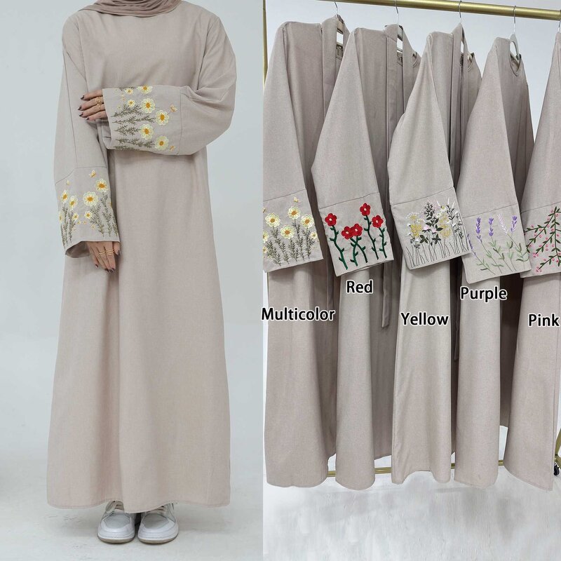 Abaya Dress Factory - OEM Dubai Flower Embroidery Linen Abaya