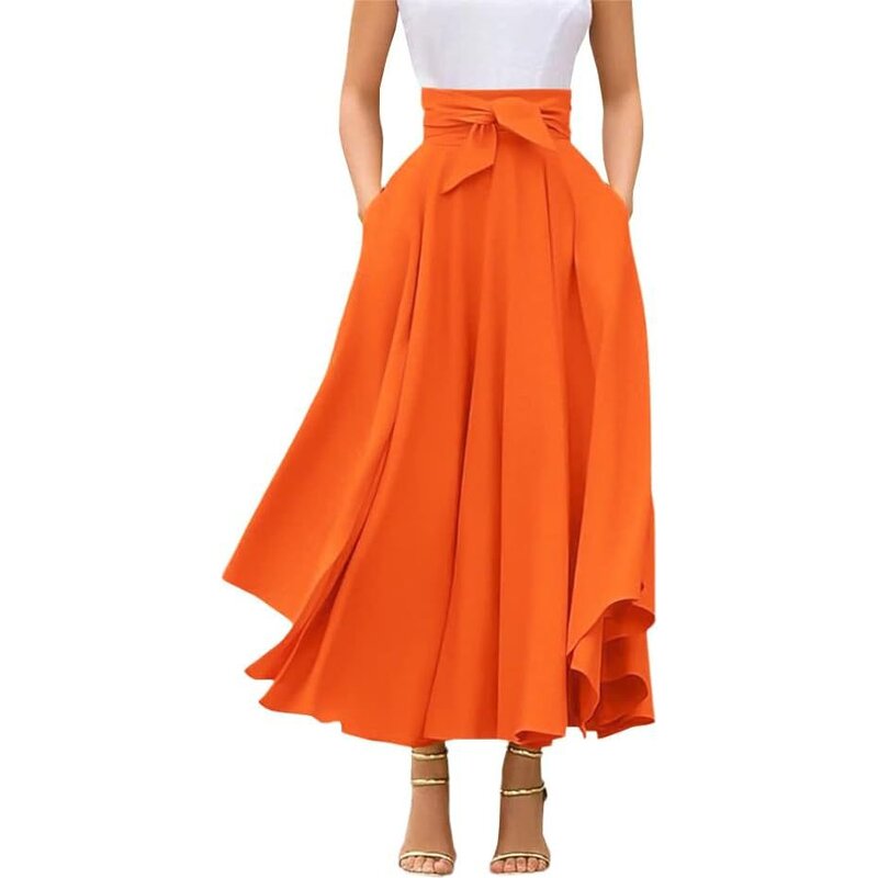 Long Skirt Factory - OEM Solid Color Bow Belt Big Hem Dress