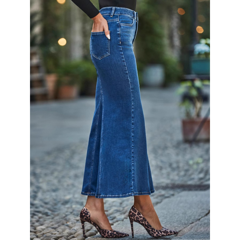 Denim Skirt Manufacturer - OEM Dark Wash Frayed Edge Floor Length