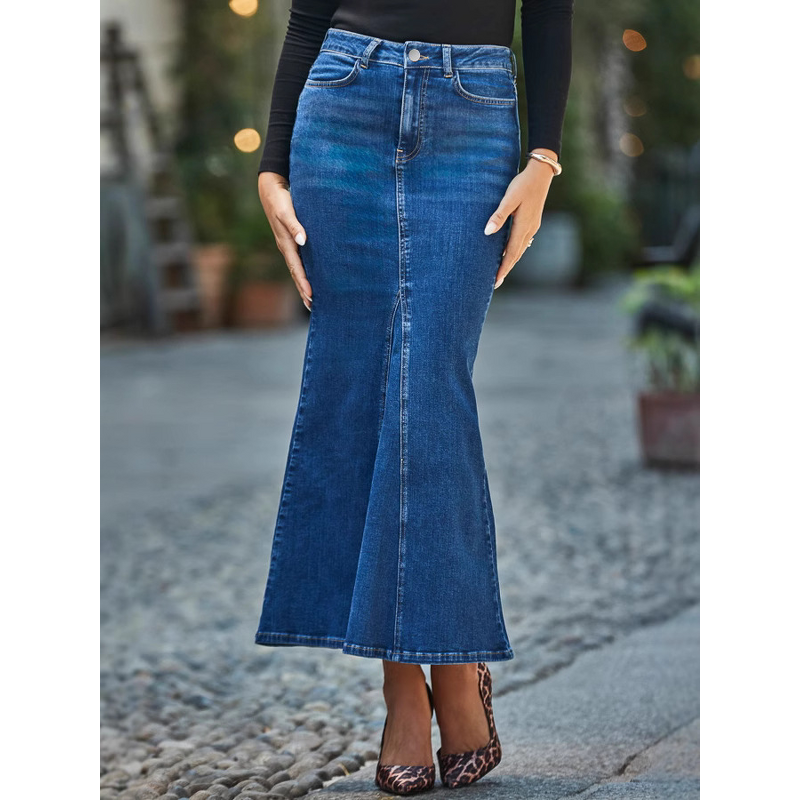 Denim Skirt Manufacturer - OEM Dark Wash Frayed Edge Floor Length