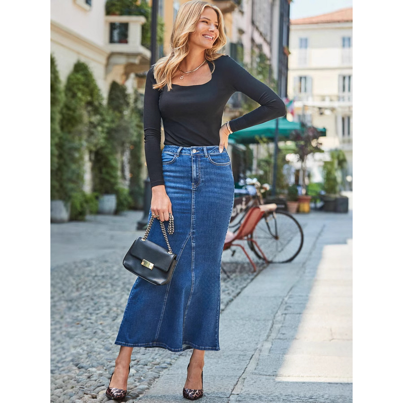 Denim Skirt Manufacturer - OEM Dark Wash Frayed Edge Floor Length