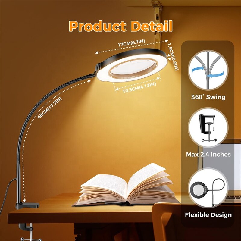 Magnifying Glass Desk Lamp Factory - OEM Clamp Flexible Arm 5 Modes
