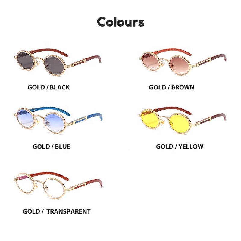 Wooden Temple Sunglasses Supplier - Retro Small Oval Luxury Vintage Punk Rhinestone Diamond