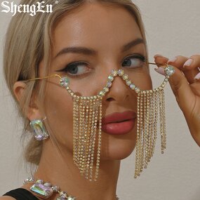 Rhinestone Tassel Glasses Manufacturer - Luxury Women Lensless Shiny Colorful for Party