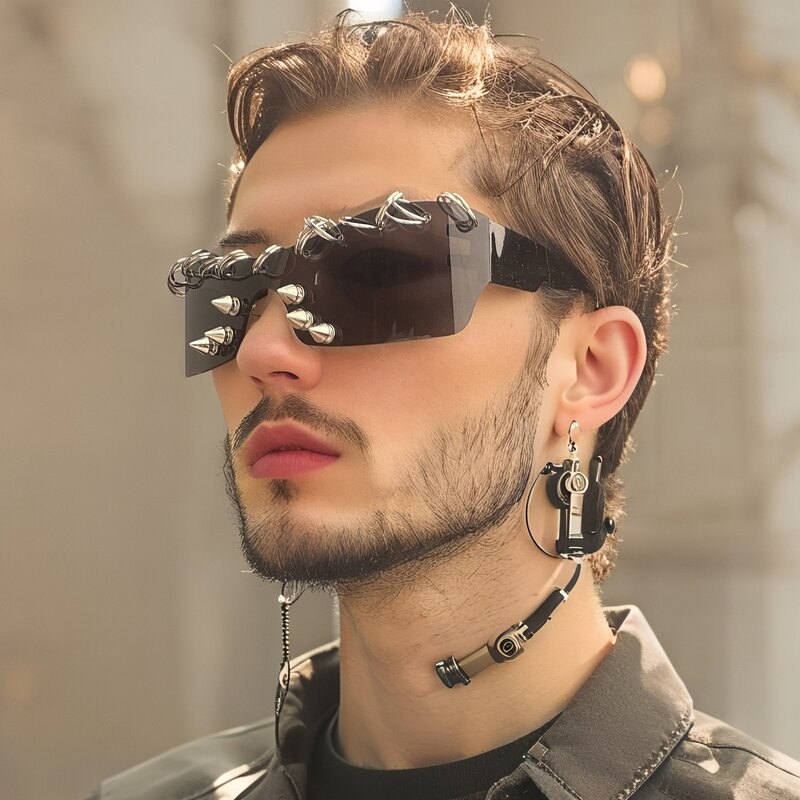 Metal Circle Sunglasses Factory - Punk Rivet Rimless Square Shades for Women and Men