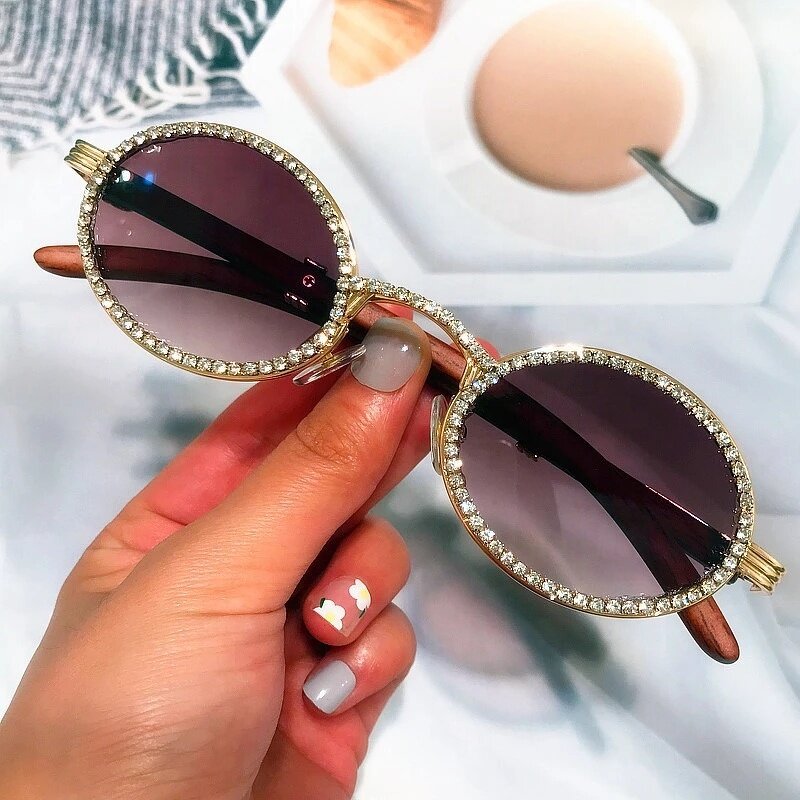 Wooden Temple Sunglasses Supplier - Retro Small Oval Luxury Vintage Punk Rhinestone Diamond
